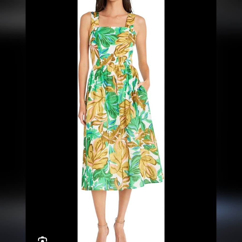 New Maggy London Green and Gold Leaf Midi Dress SIZE 0